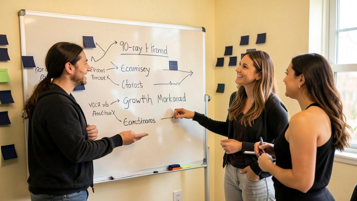 Small team mapping a 90-day growth plan on a whiteboard