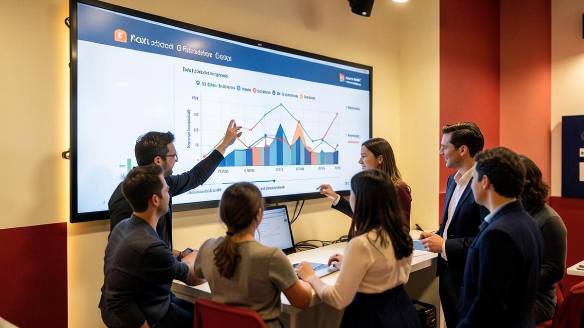 Marketing team reviewing advertising performance charts on a large screen