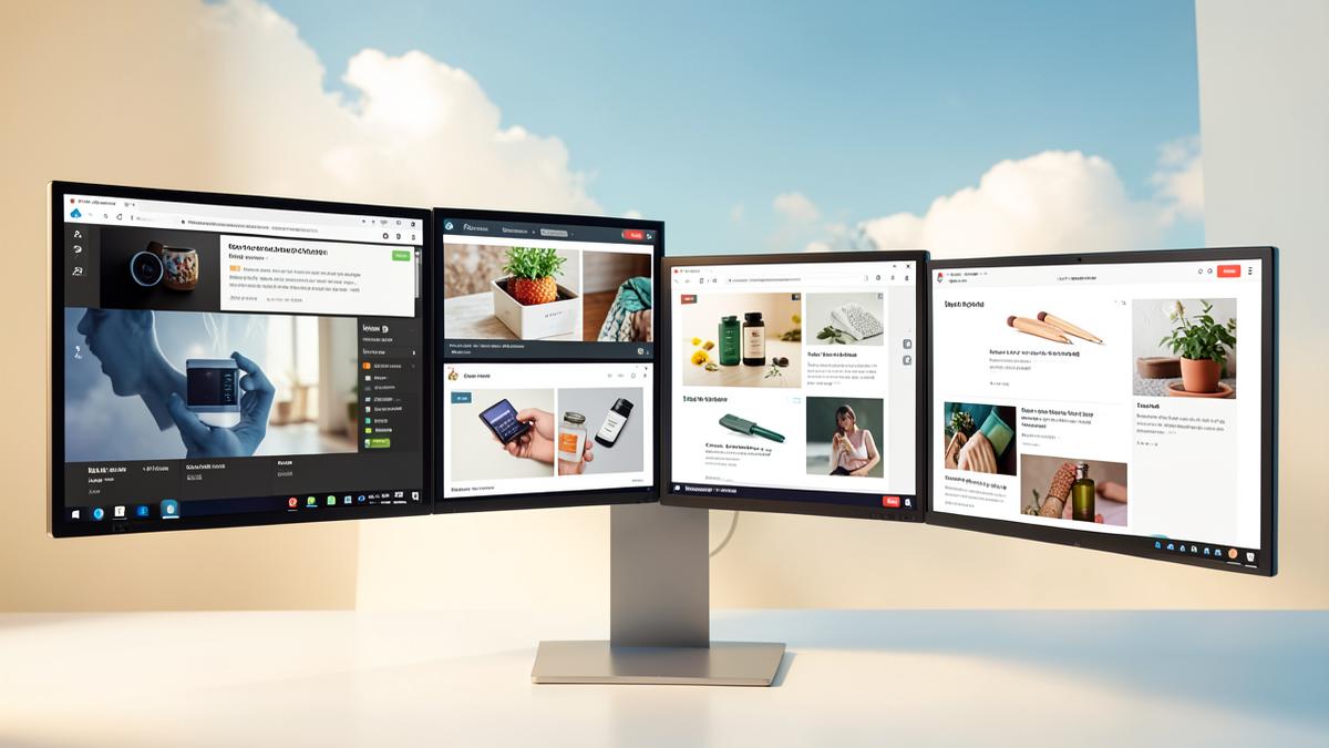 Multiple screens showing product photography and copy variants in a studio