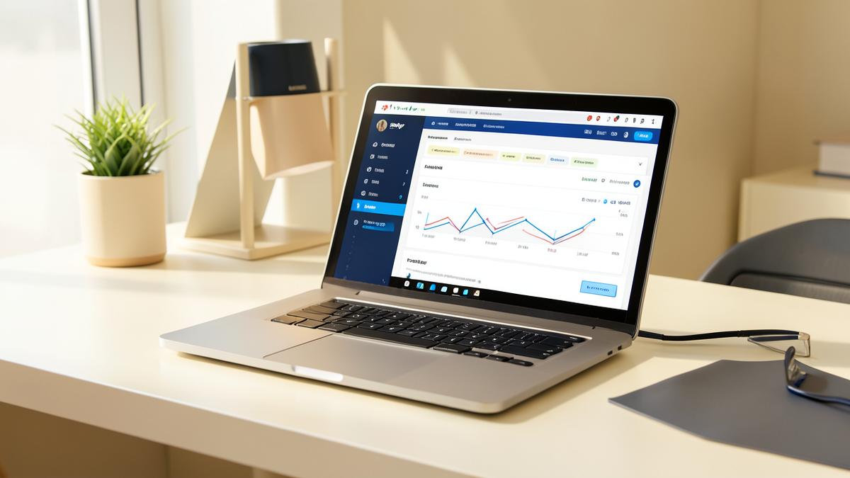 Laptop showing an ecommerce analytics dashboard on a bright desk