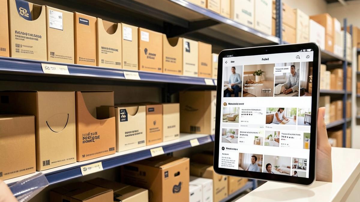 Warehouse shelving with product cartons beside a tablet showing marketplace listings